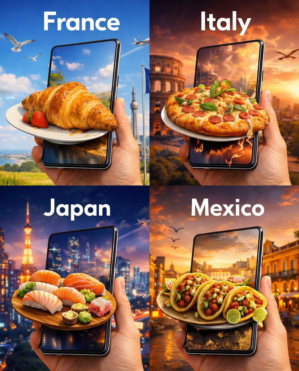 Tourismus-Werbemontage Smartphone Lebensmittel-Portal KI-generiertes Bild