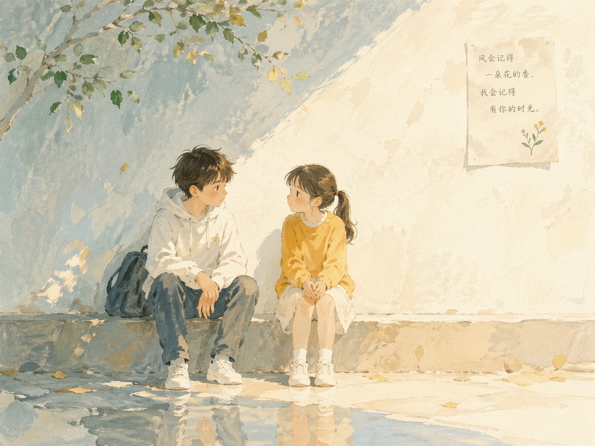 Two Children Watercolor Calm Conversation