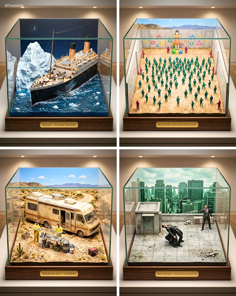 Fotografia en vista d'ocell d'un diorama en miniatura detallat que representa una escena icònica de cinema, amb personatges diminuts i peces de decorat sobre una base d'exposició museística, amb il·luminació de focus suau i estètica de miniatura tilt-shift