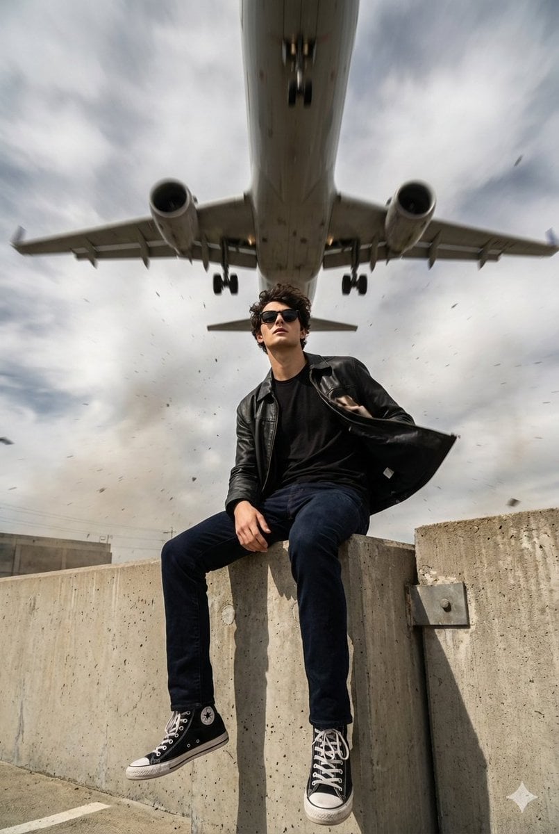 Imagine generată de : Portret cinematic ultra-realist de bărbat cu avion la unghi jos