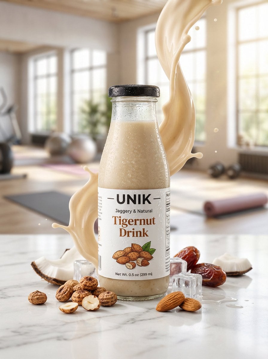 KI-generiertes Bild zur ultra realistischen Unik Tigernuss-Getränkewerbung
