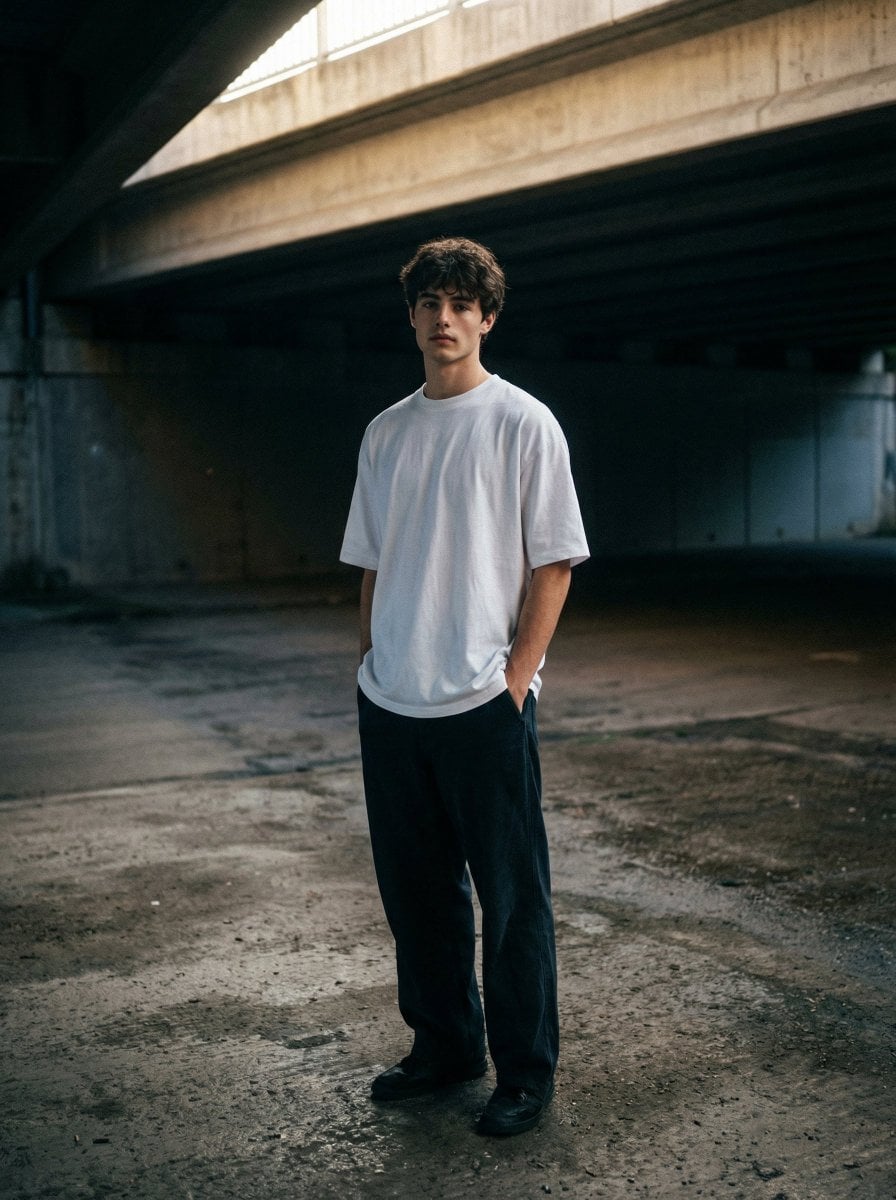 Eine Person in einem übergroßen weißen T-Shirt und dunklen Hosen, die allein unter einer Betonüberführung steht, die Hände in den Taschen, filmreifes Oberlicht erzeugt tiefe Schatten auf rauem Betonboden