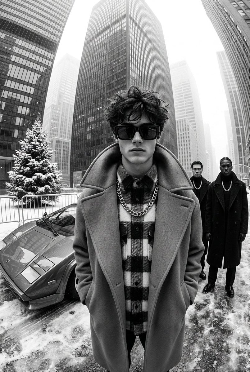 Urban Street Fashion Editorial Three Men Chains Car Snow