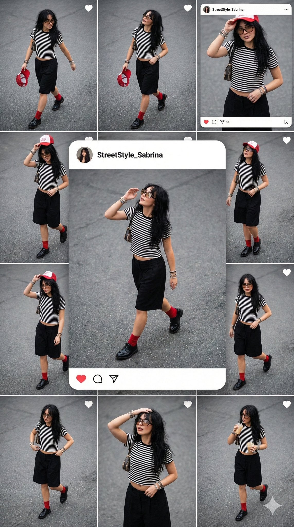 Eine Draufsicht-Instagram-Rastercollage, die eine junge Frau in Straßenmode zeigt, die auf Asphalt geht, ein gestreiftes Cropped-Oberteil, schwarze Shorts, rote Socken und eine Sonnenbrille trägt, aufgenommen in mehreren ungestellten Posen mit Social-Media-UI-Overlay
