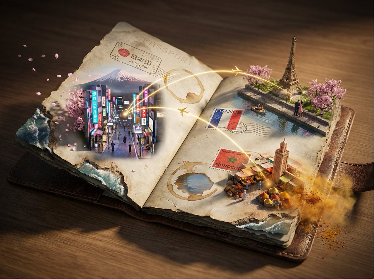 Obraz wygenerowany przez przedstawiający zużyty paszport 3D diorama z destynacjami podróżniczymi