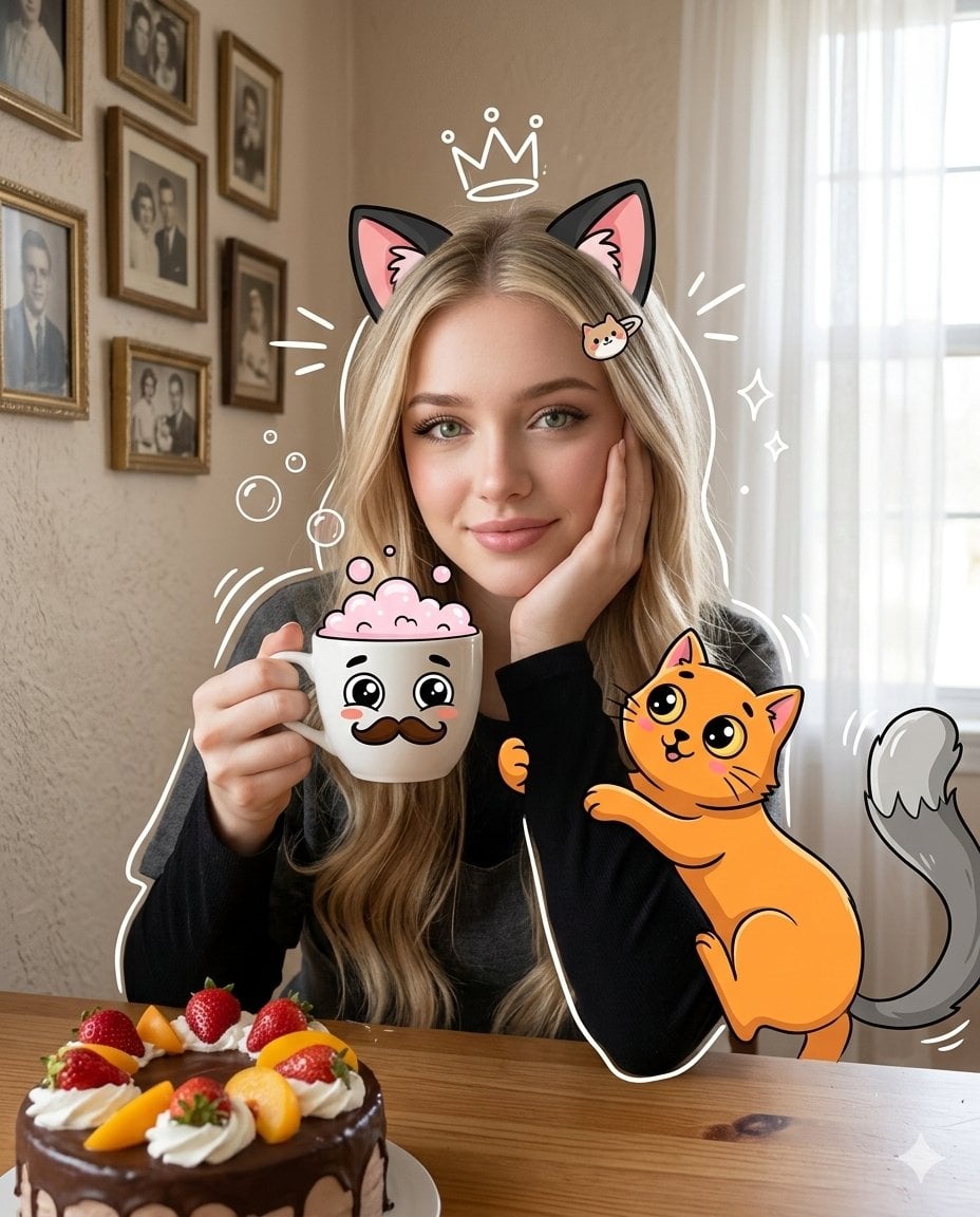 Ein Mixed-Media-Porträt einer Frau mit blondem Haar und Katzenohren, die an einem Holztisch sitzt, mit einer leuchtend orangen Cartoon-Katze, die ihren Arm hinaufklettert, und einer weißen Kanne mit Cartoon-Gesichtsillustration, sanftes Tageslicht, das durch weiße durchsichtige Gardinen fällt
