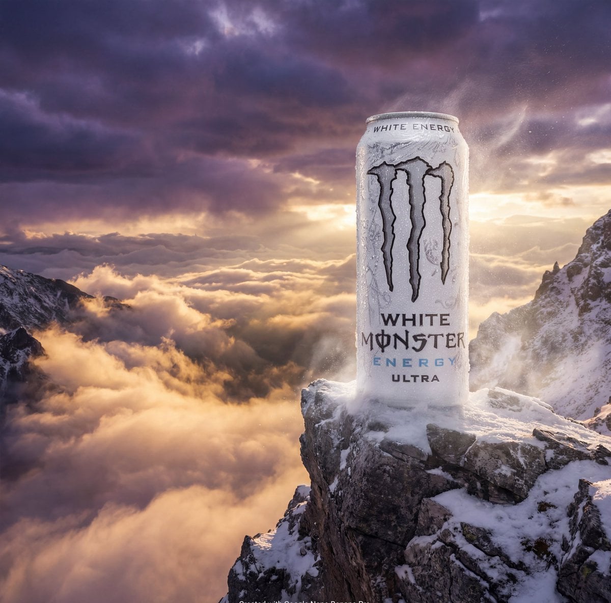 White Monster Energy Ultra Can Mountain Peak Golden Sunrise