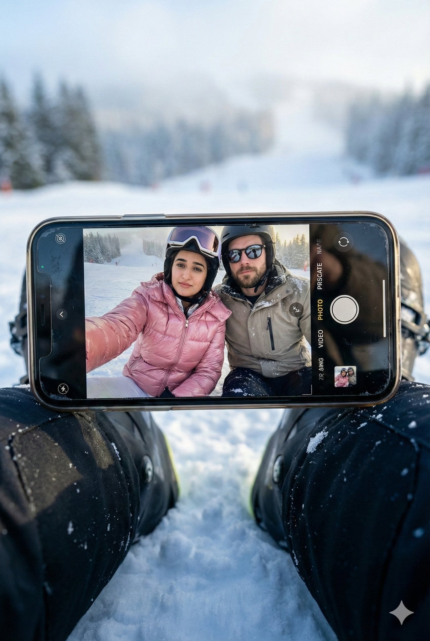 Vinter Selfie Par Iphone Sne -genereret billede