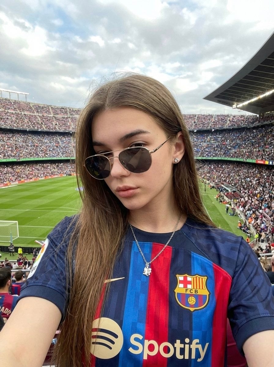 KI-generiertes Bild: Frau im Barcelona-Trikot Stadion-Selfie