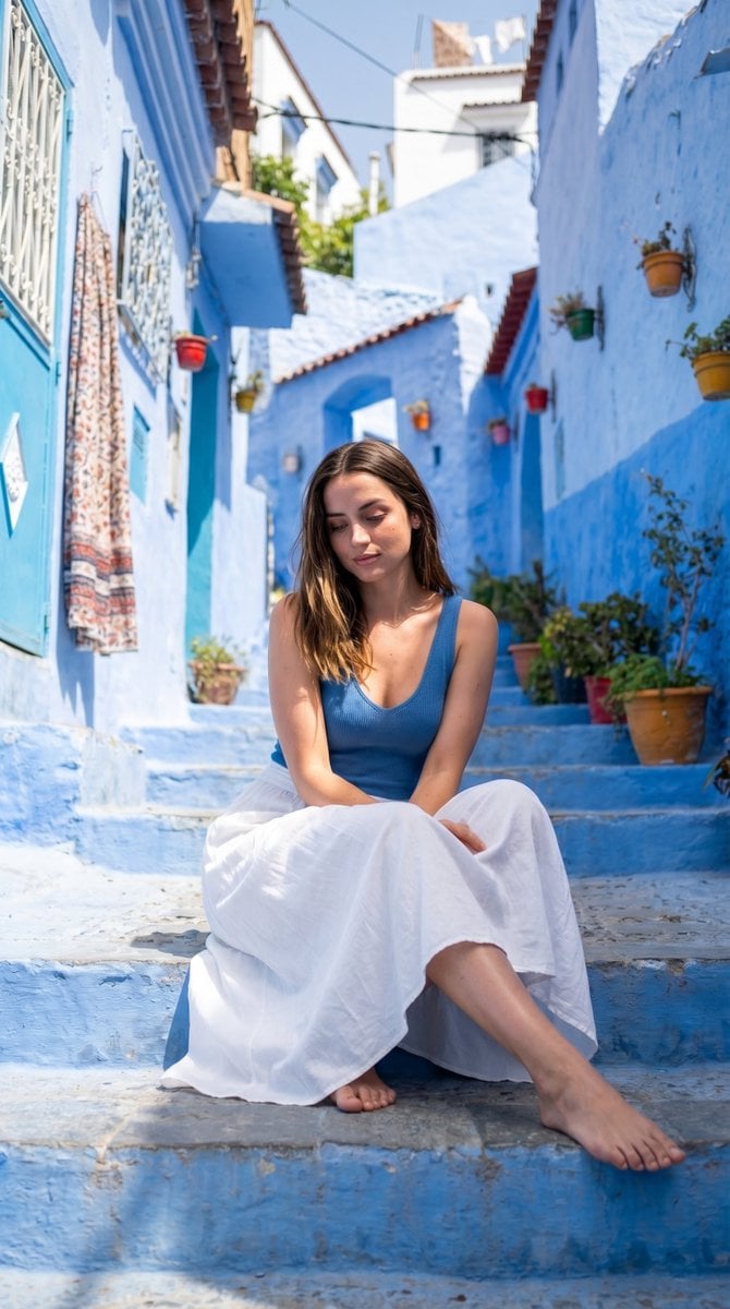 KI-generiertes Bild: Frau in blauem Oberteil und weißem Rock auf Stufen in einer blauen Gasse