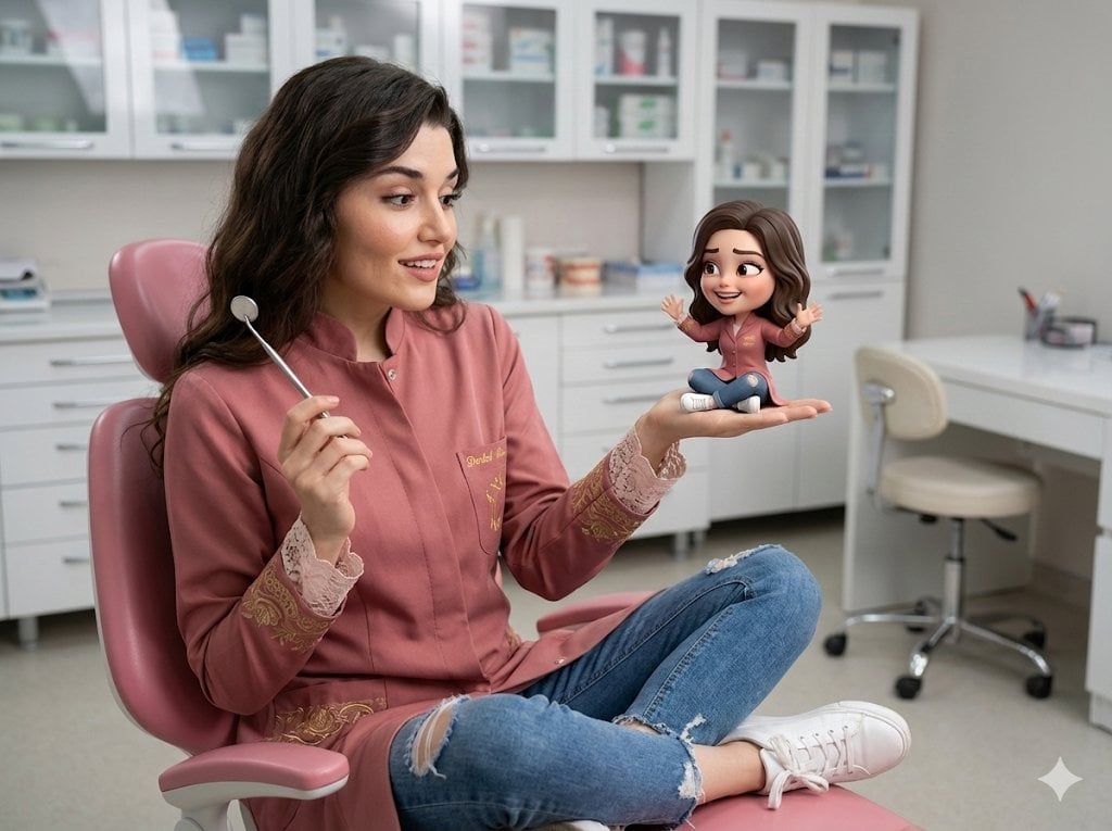 Imatge generada per IA de dona agafant una miniatura chibi rosa d'un consultori dental