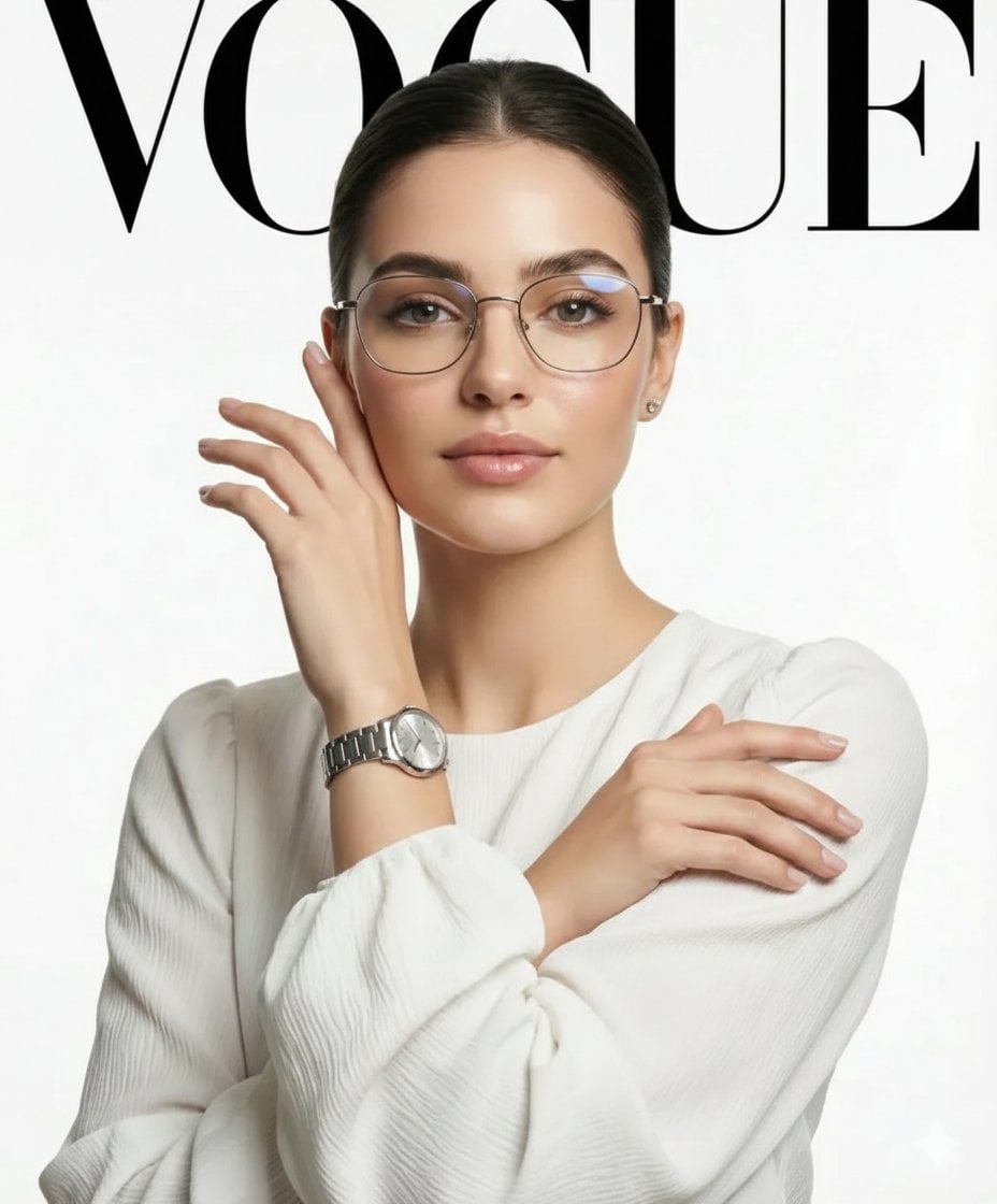 Ein professionelles Modeeditorial-Foto einer anspruchsvollen Frau mit silberner Brille und einem schicken Dutt, die eine weiße Seidenbluse trägt, anmutig posiert, um eine luxuriöse Silberuhr vor weißem Hintergrund mit VOGUE-Schrift zu präsentieren, aufgenommen mit Studio-Beleuchtung und 85-mm-Objektiv