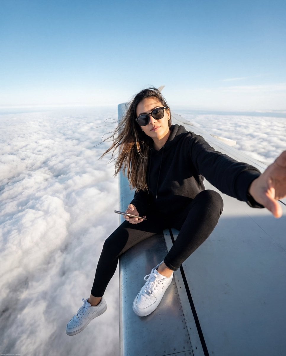 KI-generiertes Bild: Frau auf Flugzeugflügel-Selfie über den Wolken