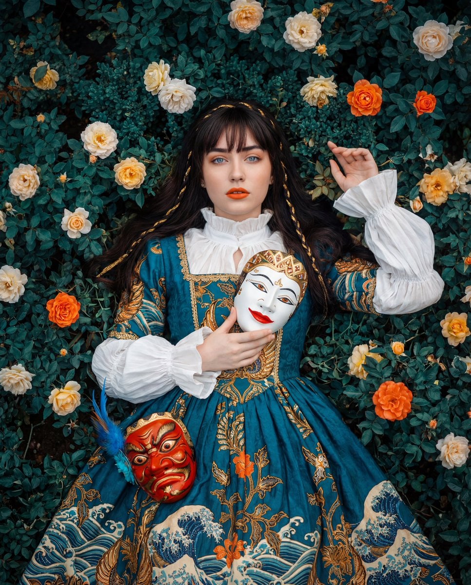 Woman Opulent Gown Wayang Masks Garden