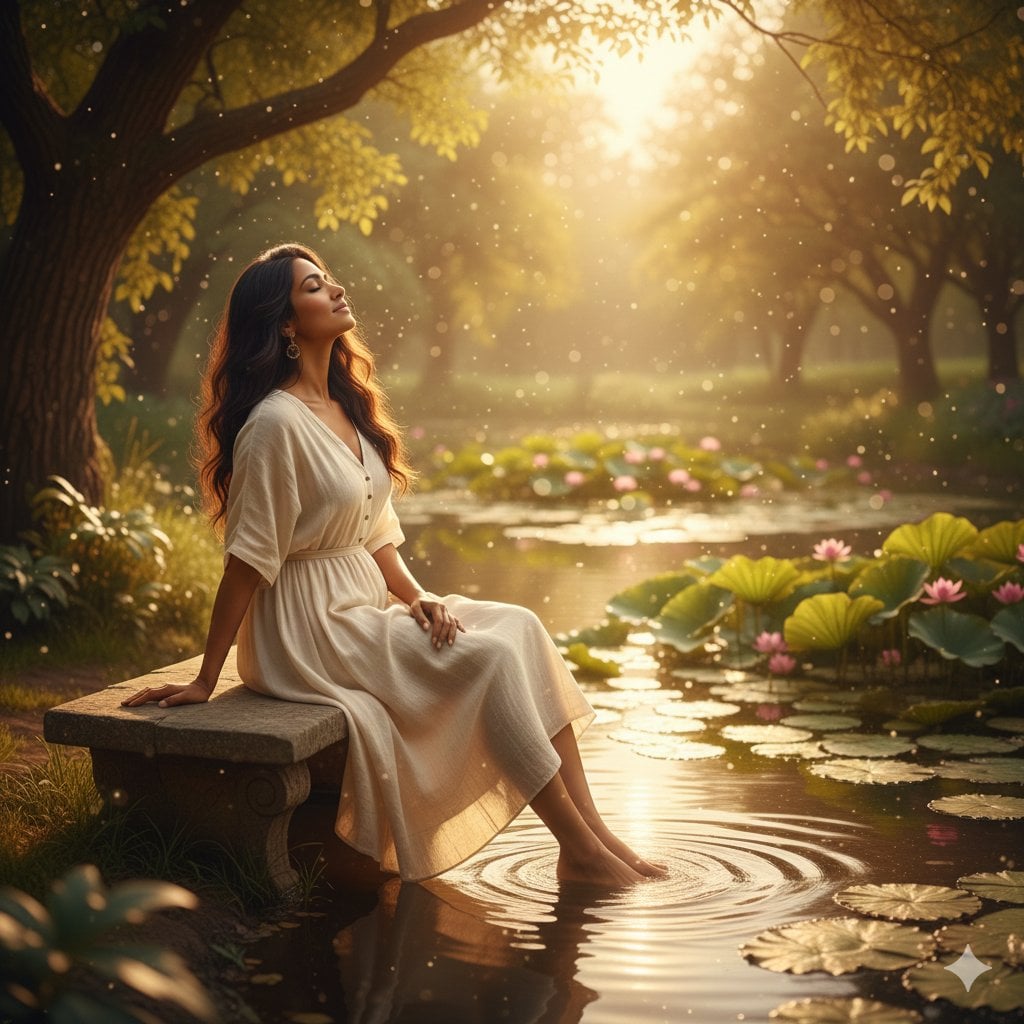 KI-generiertes Bild: Frau am Teich in der Goldenen Stunde, ruhig
