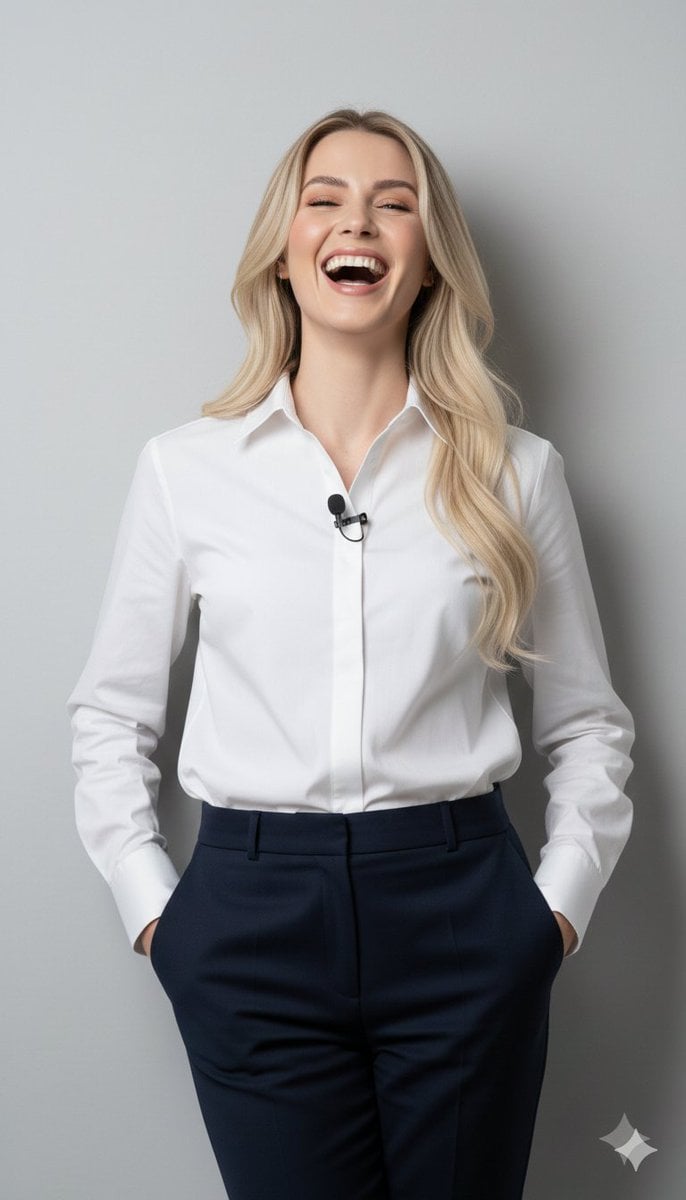 KI-generiertes Bild des Frauenporträts mit fröhlichem Lachen im Studio