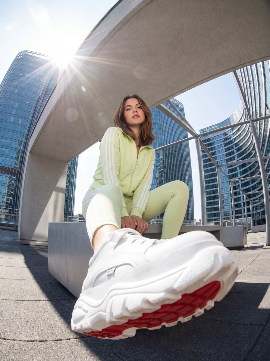 Vrouw op dak met rode streetwear fisheye, door gegenereerde afbeelding