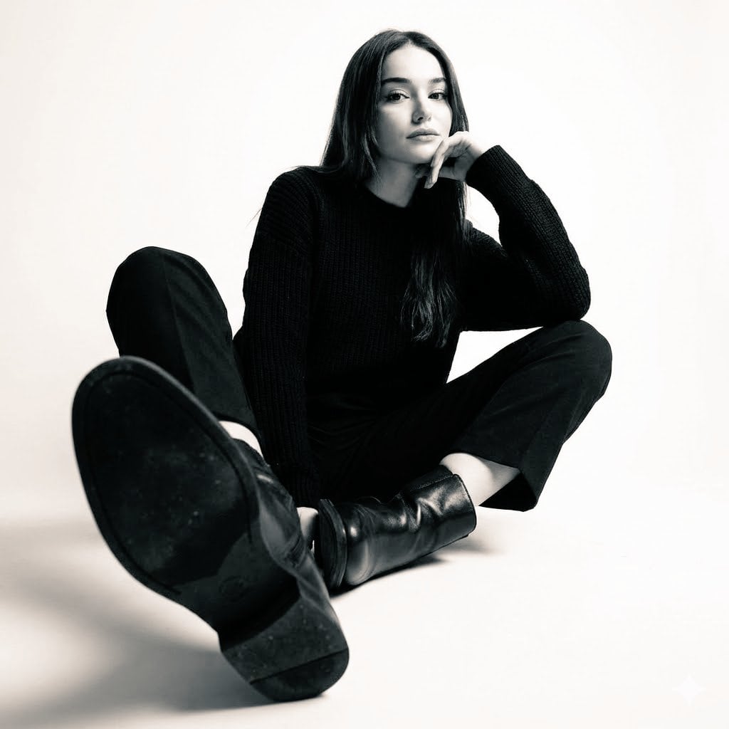 KI-generiertes Bild: Sitzende Frau in schwarzem Outfit im Studio, Niedrigwinkelaufnahme