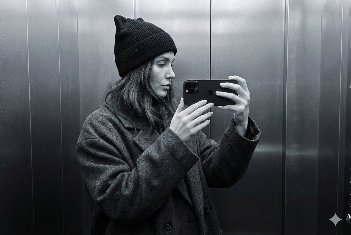 Woman Selfie Iphone Elevator Mirror Monochrome