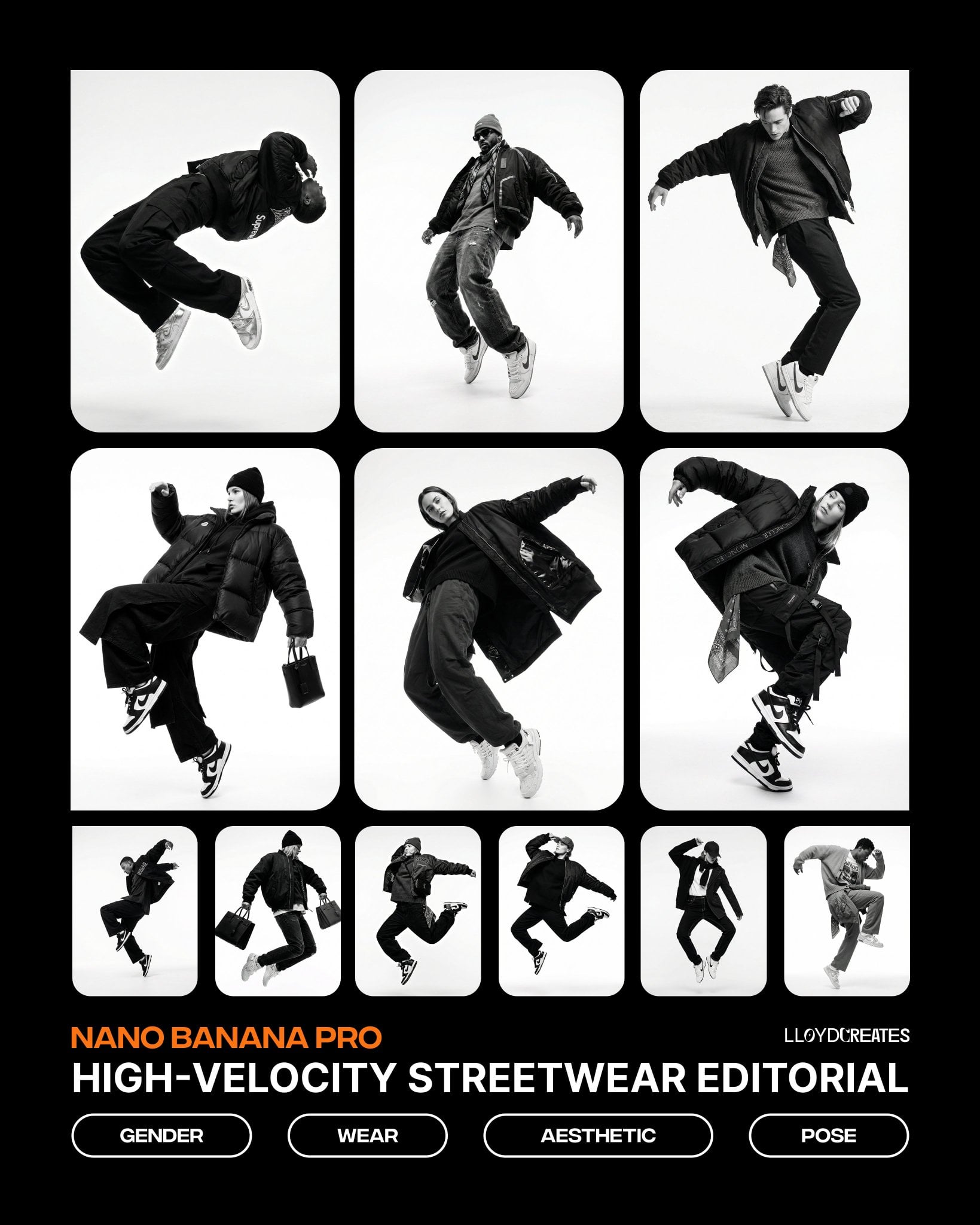 Eine Frau, eingefroren mitten in der Luft bei einem explosiven Sprung vor weißem Studiohintergrund, trägt geschichtete schwarze Streetwear-Mode inklusive übergroßer Cardigans und Premium-Sneaker, fotografiert in hochkontrastivem Schwarz-Weiß ohne Schatten