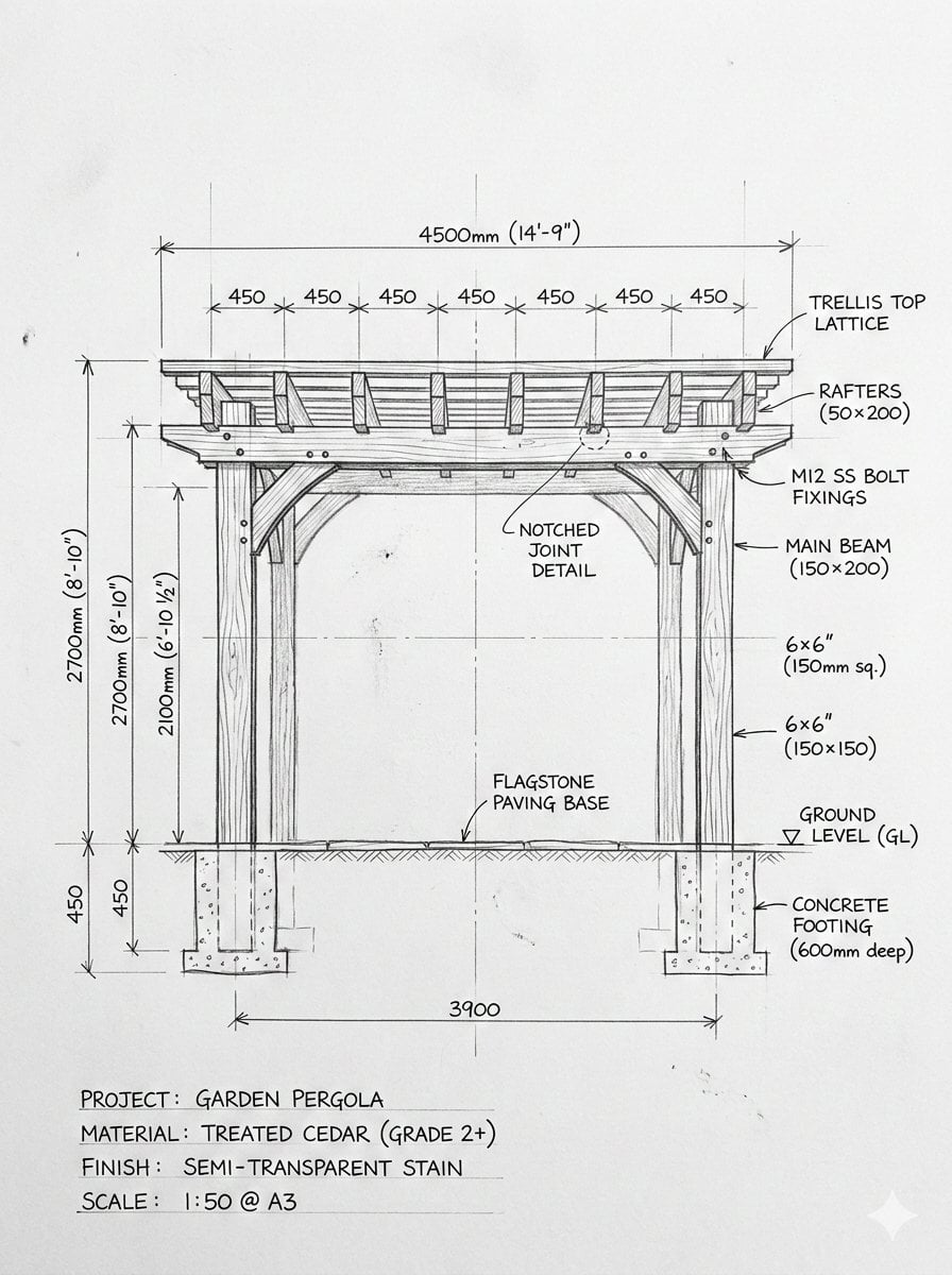 KI-generiertes Bild von Holz-Garten-Pergola Bauplan und Konstruktion
