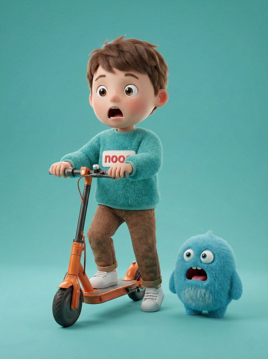 Unge dreng med orange sparkcykel og blåt monster i 3D-render, -genereret billede