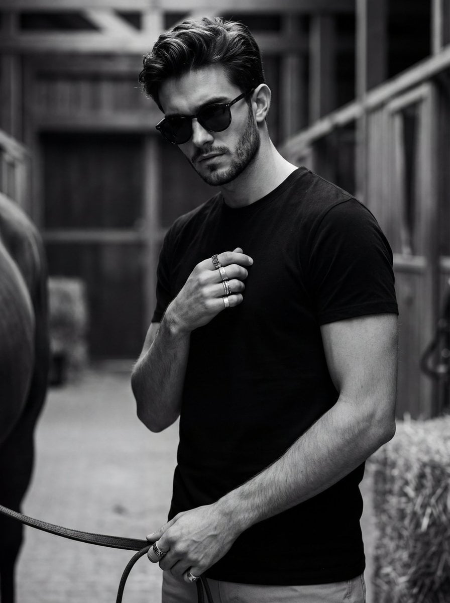Young Man Black And White Cinematic Portrait Rings Sunglasses