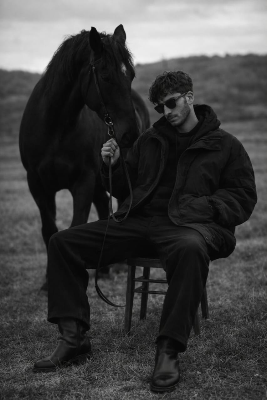 Young Man Black Horse Open Field Black And White