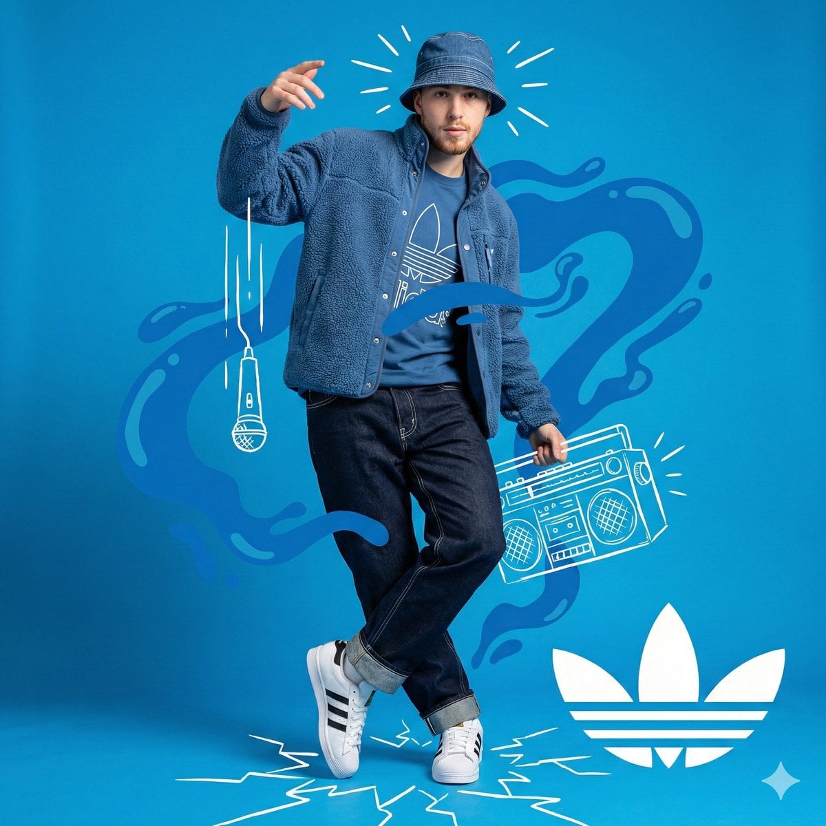 Junger Mann Blauer Streetwear Adidas Doodle Studio-Porträt KI-generiertes Bild