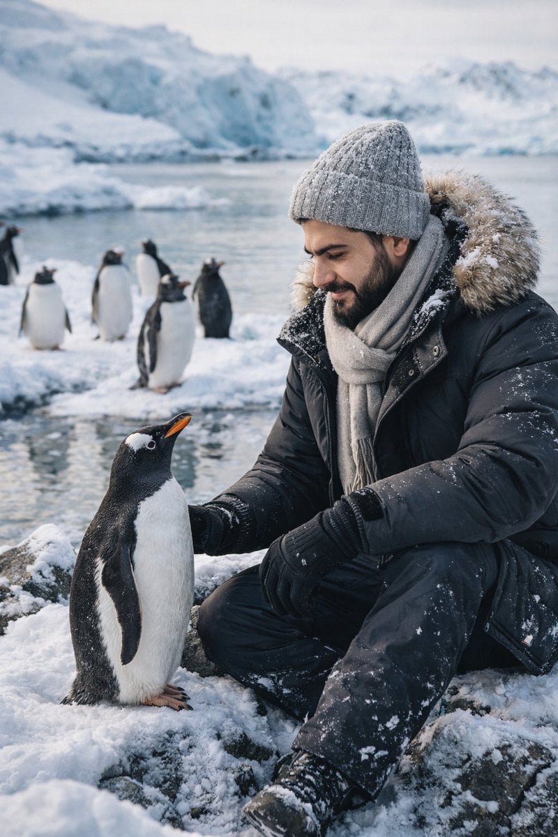 Young Man Interacting With Penguins Snow