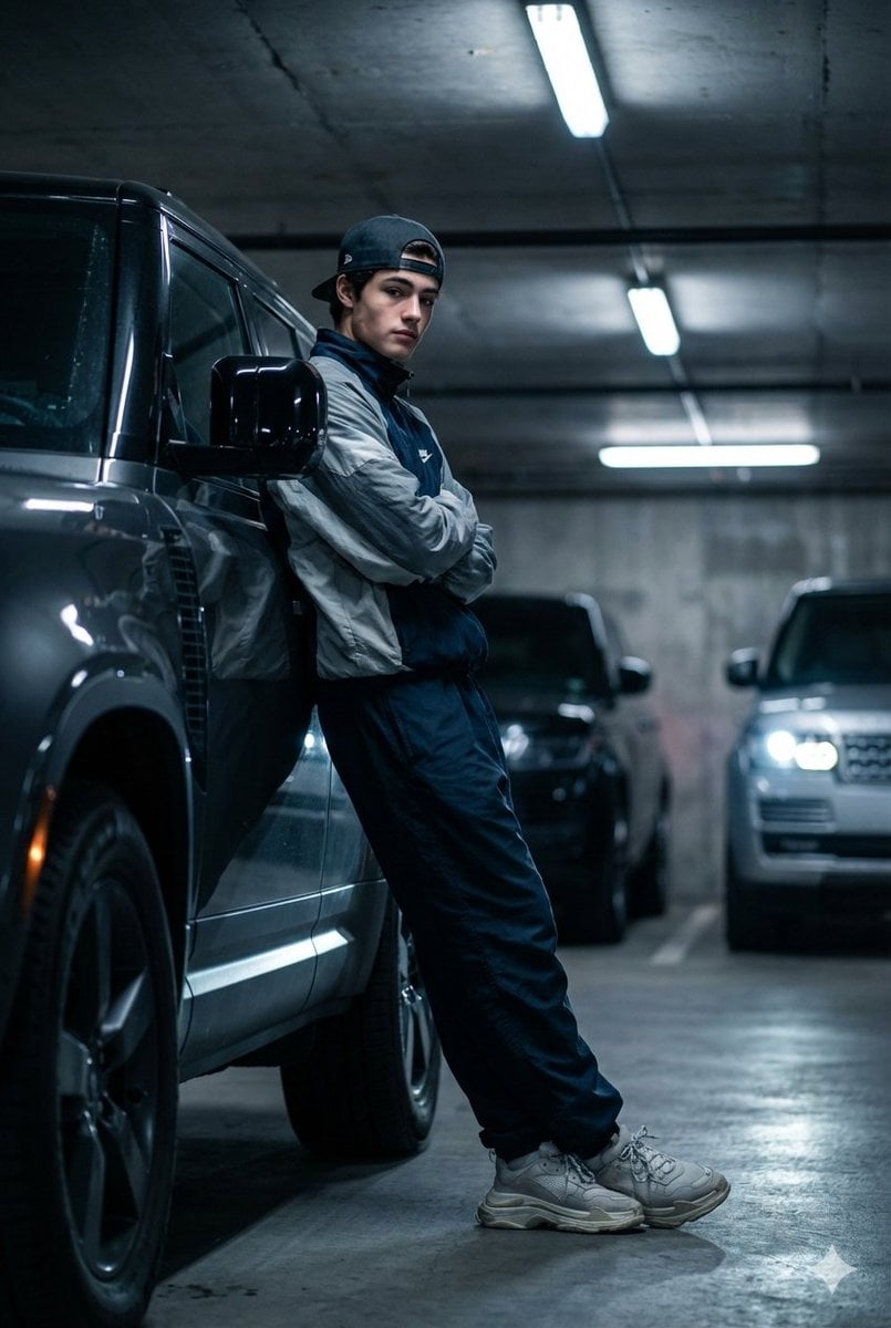 -generert bilde av unge mann med Land Rover Defender i mørk garasje