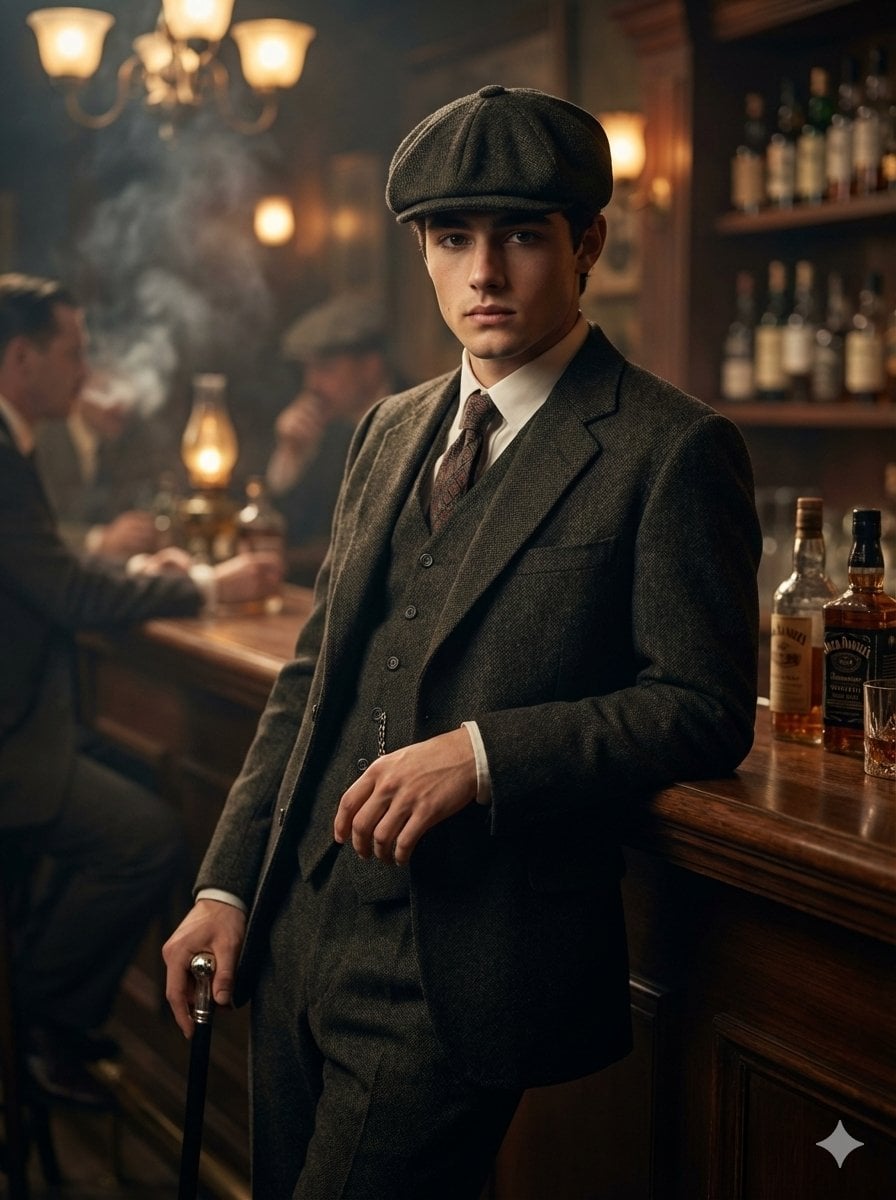 Un retrat de mig cos cinematogràfic d'un jove amb vestimenta d'estil Peaky Blinders dels anys 1920, que porta un vestit de tres peces i una gorra plana, recolzat contra una taula de bar fumeig mentre agafa un bastó de passeig vintage, amb llum ambiental càlida i ampolles desenfocades al fons