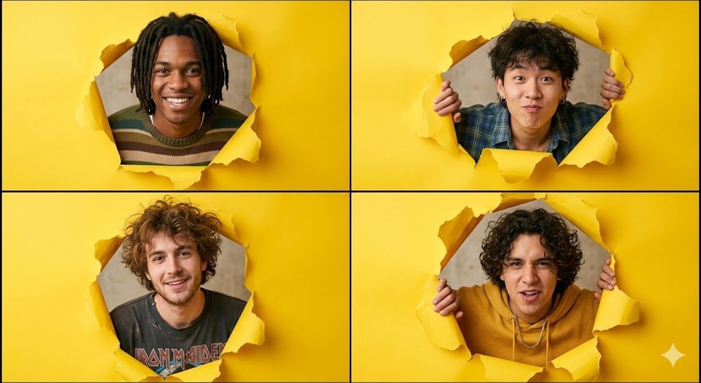 Young Men Peeking Through Yellow Paper Grid Collage