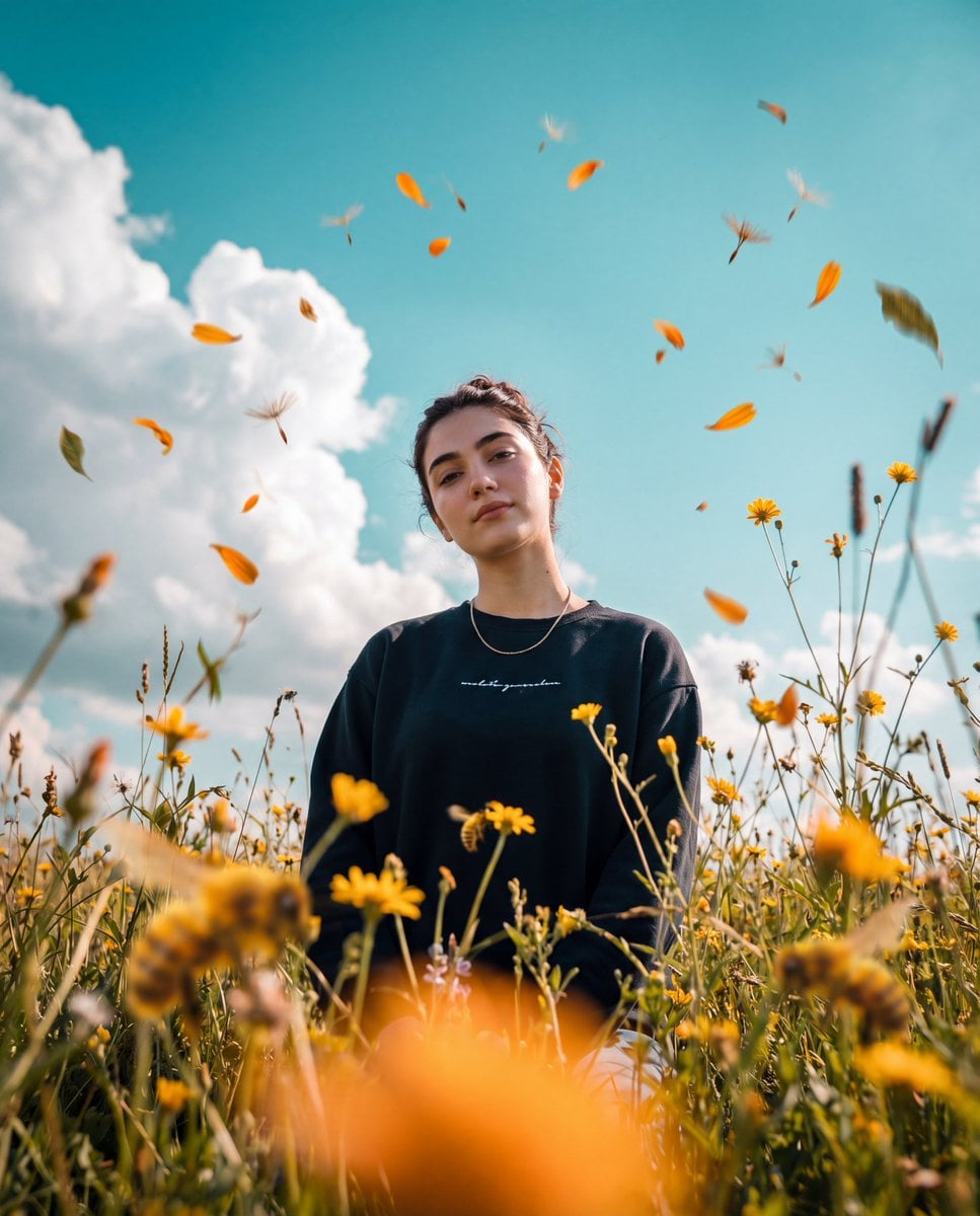 Et kinematisk lavvinkelfotograf som viser en ung kvinne med mørkebrun hår som står brystdypt i en villblomstereng, iført en mørkeblå sweatshirt, med oransje blomsterblad som svever rundt henne mot en turkis himmel med hvite kumulusskyer