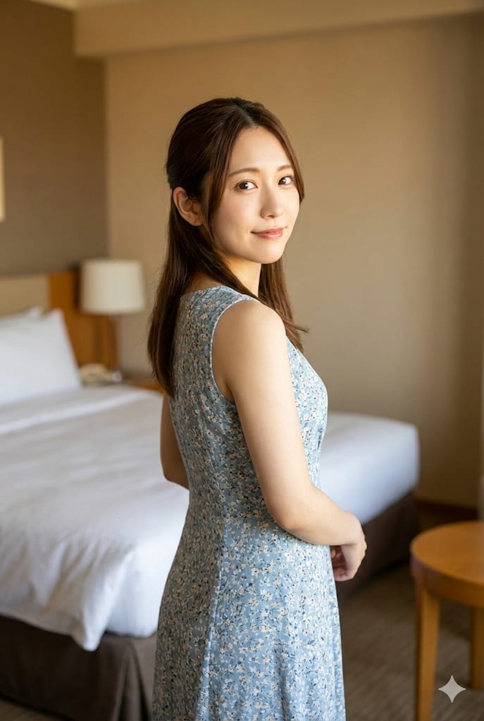 Young Woman Floral Dress Hotel Room Portrait