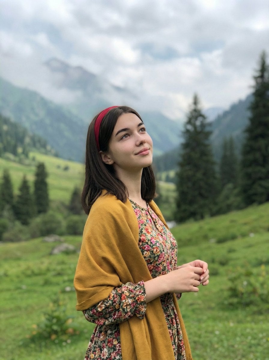Imagine generată de a unei tinere femei în vale montană, stil de viață natural