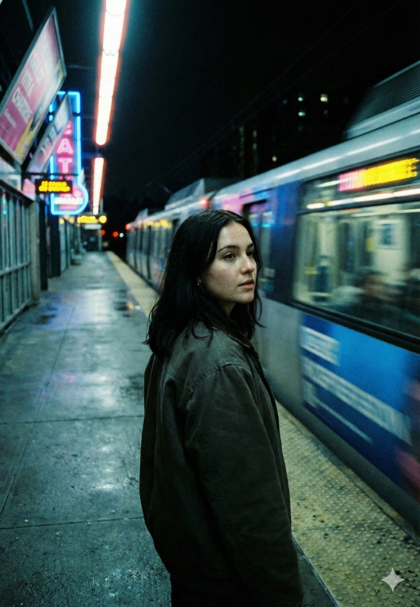 Young Woman Metro Platform Night Neo Noir