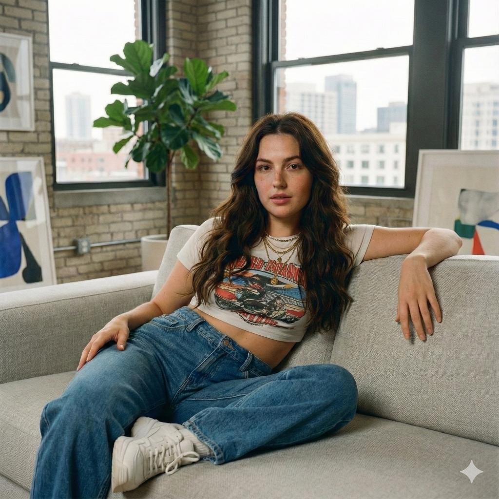 Young Woman Modern Loft Living Room Lifestyle Portrait