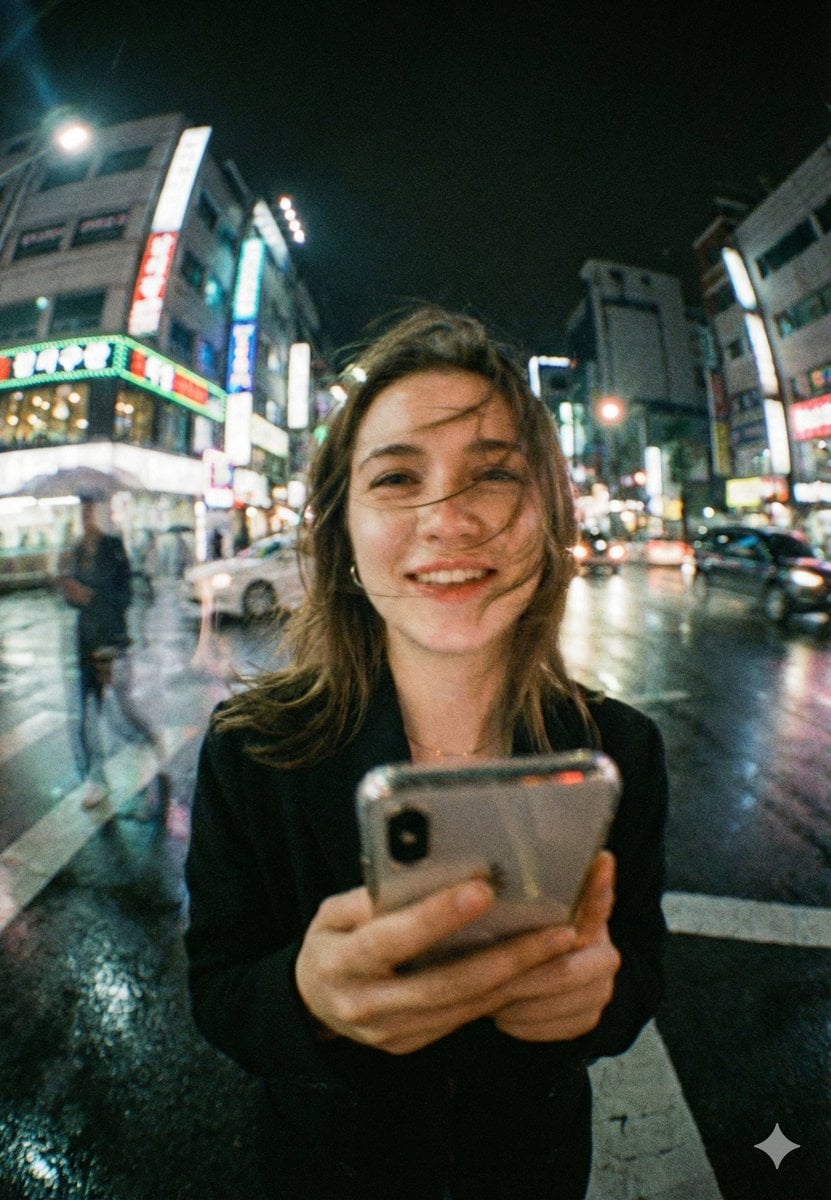 Young Woman Night City Street Neon