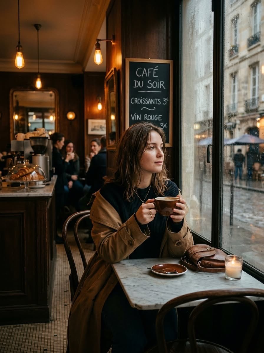 KI-generiertes Bild: Junge Frau im Pariser Café an einem Regentag, filmische Aufnahme