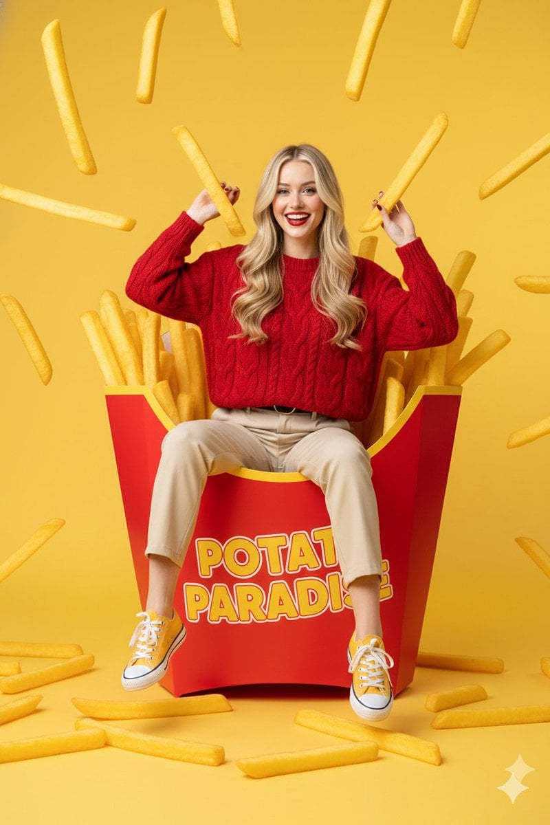 Young Woman Red French Fry Carton Surreal Commercial
