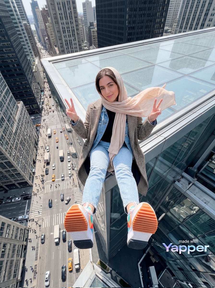 KI-generiertes Bild: Junge Frau auf Wolkenkratzerdach mit Stadtblick