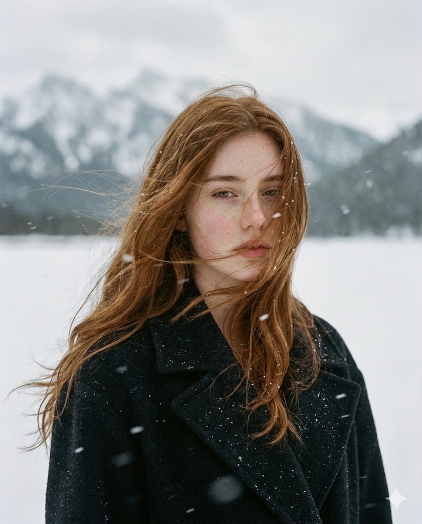 Young Woman Snowy Landscape Portrait