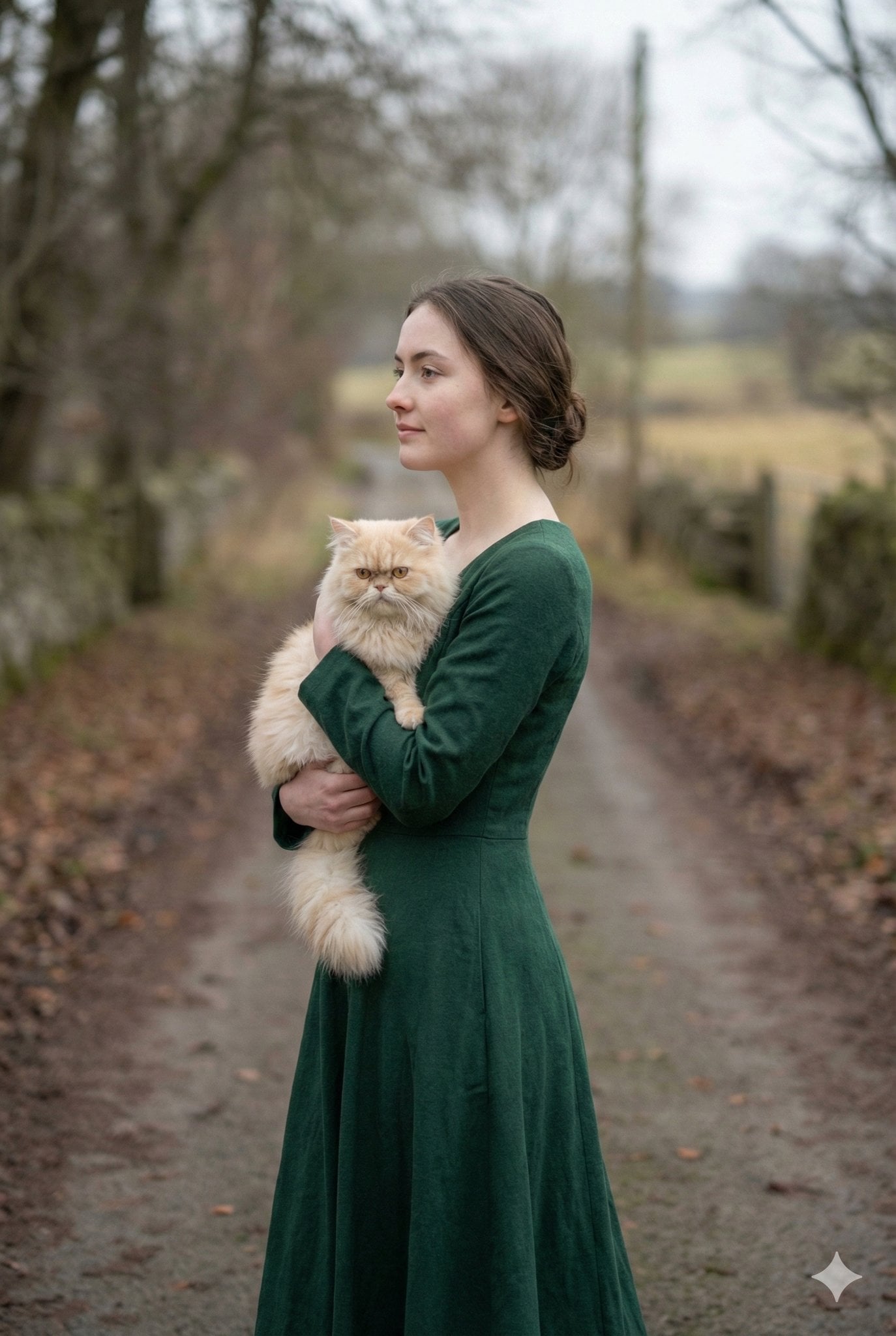 Young Woman Walking Road Holding Persian Cat Winter Cinematic