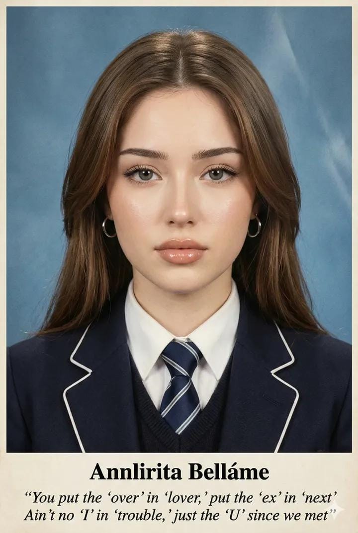 Ein Kopf-und-Schulter-Portrt einer jungen Frau in einer Marine-Schuluniform mit Blazer, Hemd mit Kragen, Strickweste und gestreifter Krawatte, langem braunem Haar, polierter Make-up, silbernen Creolen, direktem frontalem Blitzlicht, kühlem blauem Studiohintergrund, mit authentischem Fotodruck-Glanz und Papiertextur