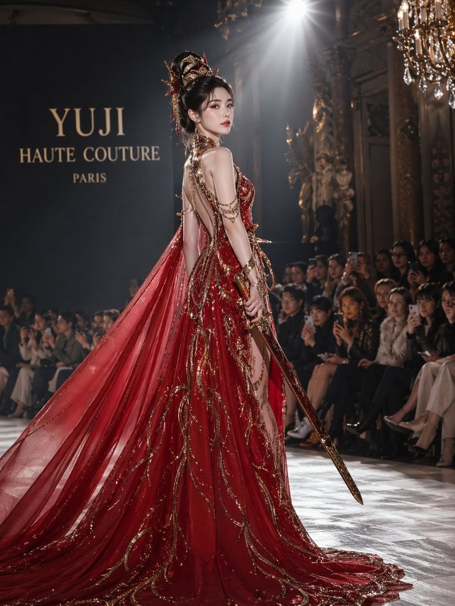Yu Ji Haute Couture Red Dress Sword Paris Fashion Show